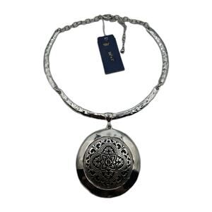 Hammered silver BAR CHOKER NECKLACE LRG, round pendant with an intricate scroll